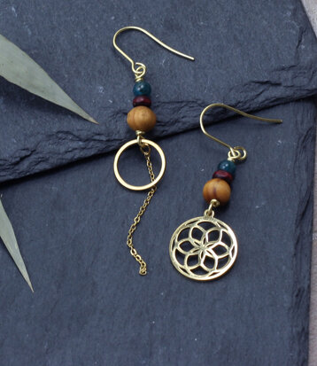 Golden mismatched Flower of life earrings