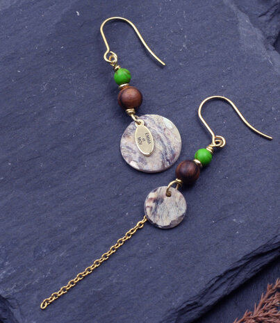 Golden mismatched green howlite earrings