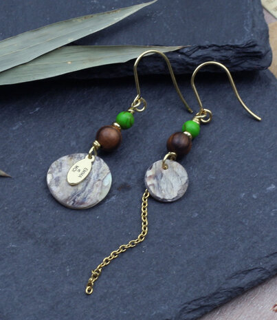 Golden mismatched green howlite earrings