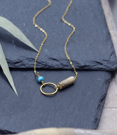 Short gold necklace jasper and turquoise